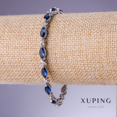 Браслет Xuping з синіми цирконами "Сапфір", товщина 5мм, довжина 17-19см родій 18К