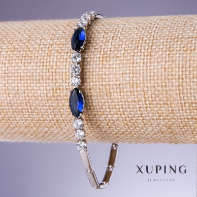 Браслет Xuping з синіми цирконами "Сапфір", товщина 4-6мм, довжина 19-20см родій 18К