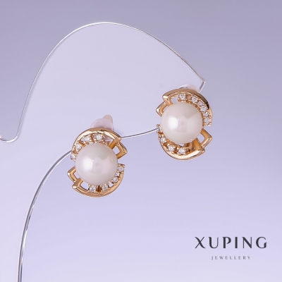 Сережки Xuping з білими перлами "Майорка", довжина 19мм, товщина 11мм позолота 18к