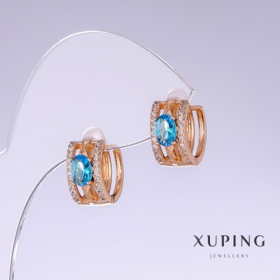 Сережки Xuping з блакитним цирконом "Топаз", довжина 13мм, товщина 7мм позолота 18к