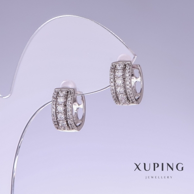 Сережки Xuping з білими стразами, довжина 14мм, товщина 6мм родій