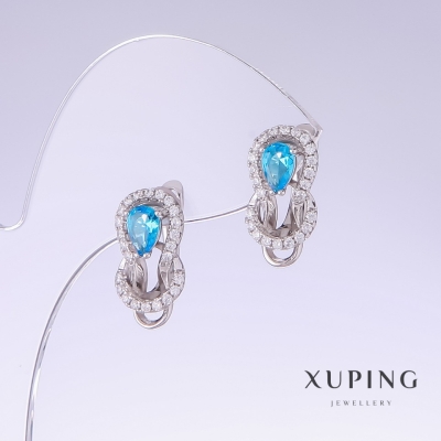 Сережки Xuping з блакитними цирконами Топаз, довжина 17мм, товщина 10мм родій