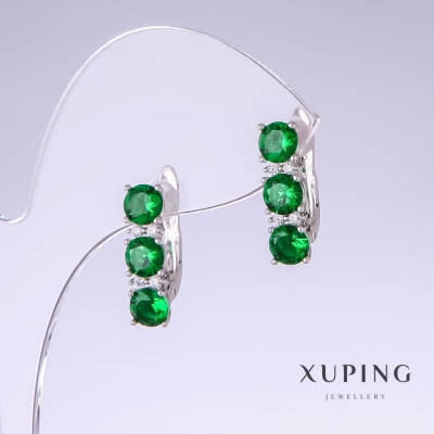 Сережки Xuping з зеленими цирконами, довжина 18мм, товщина 5мм родій
