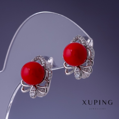 Сережки Xuping з червоними перлами Майорка 17х13мм родій