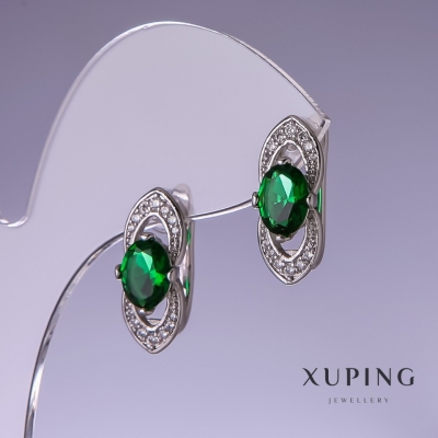Сережки Xuping з зеленими цирконами 19х8мм родій