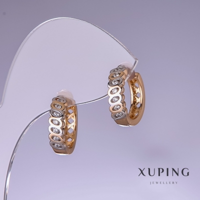 Сережки Xuping з білими стразами 15х4мм родій, позолота 18к