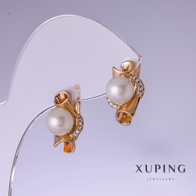 Сережки Xuping з білими перлами "Майорка" 17х10мм позолота 18к