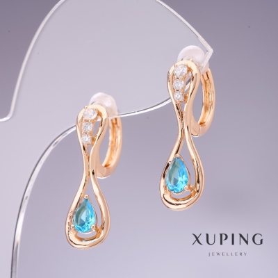 Сережки Xuping з блакитними цирконами "Топаз" 26х8мм позолота 18к