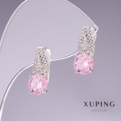 Сережки Xuping з рожевими цирконами 17х7мм родій