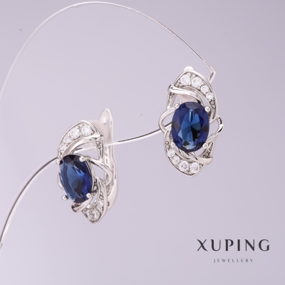 Сережки Xuping з синіми цирконами, діаметр 9мм, довжина 16мм родій