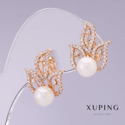 Сережки Xuping з білими перлами "Майорка", діаметр 16мм, довжина 21мм позолота 18к