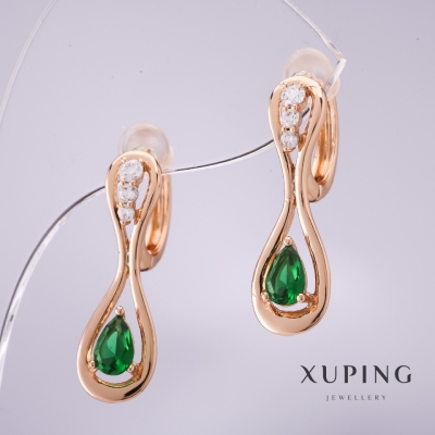 Сережки Xuping із зеленими каменями 25х8мм позолота 18к