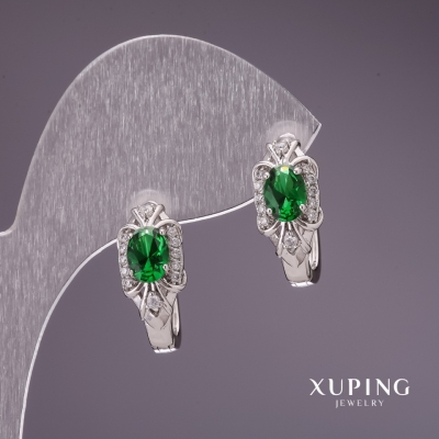 Сережки Xuping з зеленими каменями 28х8мм родій