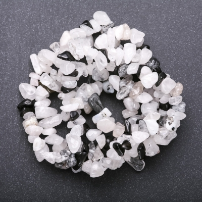 Намистини натуральний камінь Кварц Рутиловий "волосатик", кварц білий, агат чорний на нитці крихта, діаметр 5-8мм (+ -), довжина 85см