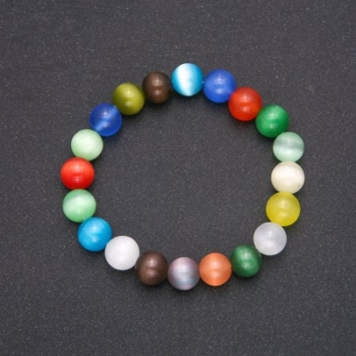 Браслет натуральний камінь Котяче око різнокольоровий гладка кулька, діаметр 10мм, довжина 18см на резинці