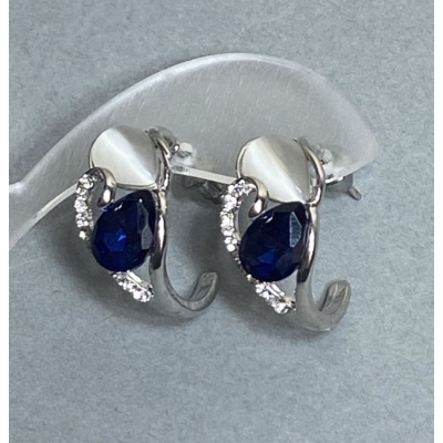 Сережки "Витончені" метал під срібло / синій страз / "котяче око" / 23 * 12мм