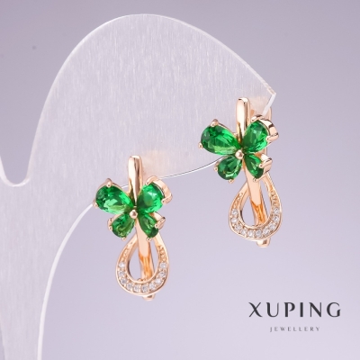 Сережки Xuping позолота 18к із зеленими каменями та білими стразами 20х11мм