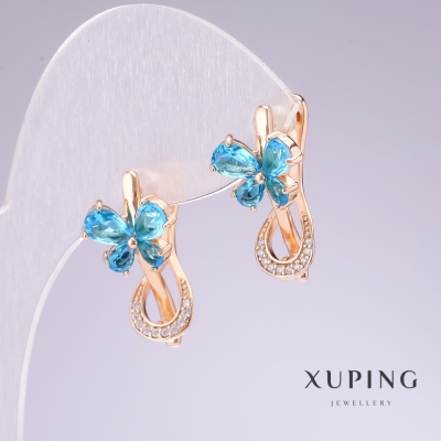 Сережки Xuping позолота 18к з блакитним камінням та білими стразами 20х11мм