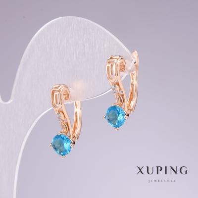 Сережки Xuping позолота 18к з каменем колір блакитний та білими стразами 20х8мм