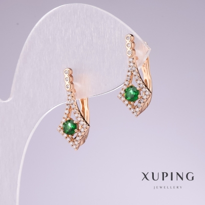 Сережки Xuping позолота 18к із зеленими каменями та білими стразами 20х8мм