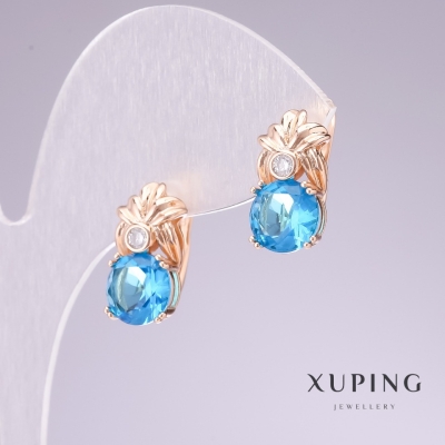 Сережки Xuping позолота 18к з блакитним камінням та білими стразами 8х16мм