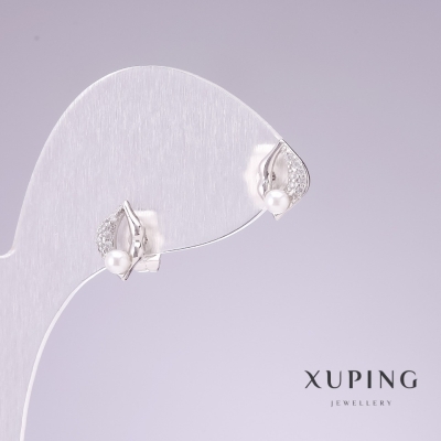 Сережки гвоздики Xuping родій Губи з білими стразами 7х10мм