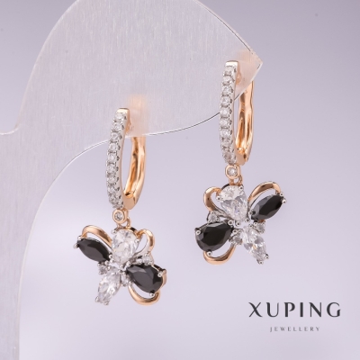 Сережки Xuping позолота 18к, родій з чорними каменями та білими стразами 30х12мм