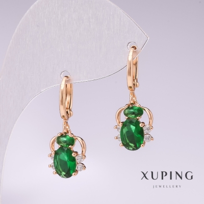Сережки Xuping Павучки позолота 18к із зеленими каменями та білими стразами 25х10мм