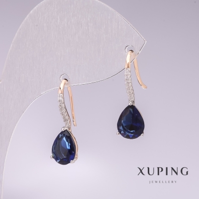 Сережки Xuping позолота 18к, родій з синіми каменями та білими стразами 21х7мм