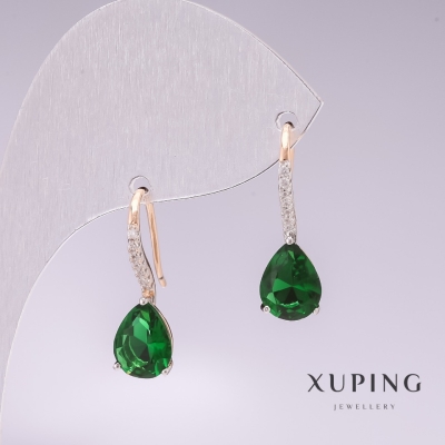 Сережки Xuping позолота 18к, родій із зеленими каменями та білими стразами 21х7мм