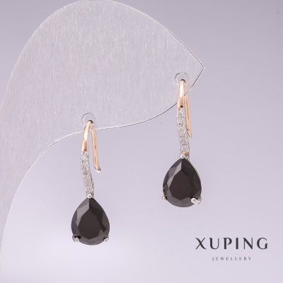 Сережки Xuping позолота 18к, родій з чорними каменями та білими стразами 21х7мм
