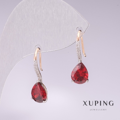 Сережки Xuping позолота 18к, родій з каменем колір червоний та білими стразами 21х7мм