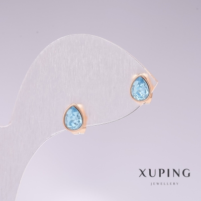 Сережки пусети кульчики Xuping краплі з блакитним каменем позолота 18к 18х7мм