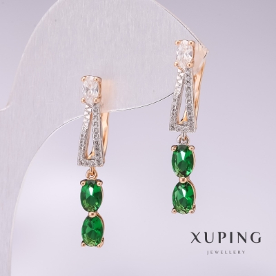 Сережки Xuping позолота 18к із зеленими каменями та білими стразами 32х5мм
