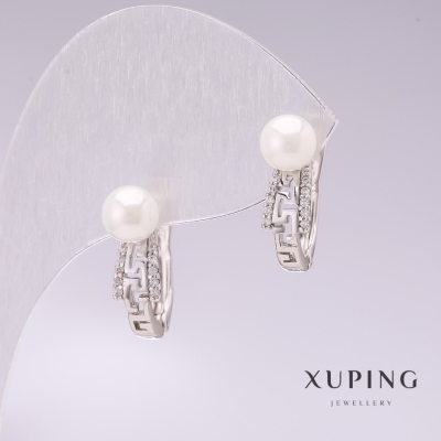 Сережки Xuping родій з перлами Майорка і білими стразами 6х18мм