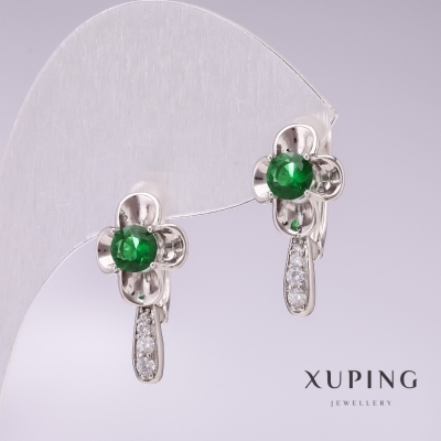 Сережки Xuping родій із зеленими каменями і білими стразами 20х10мм