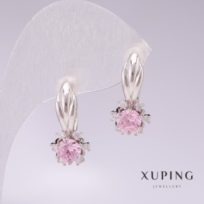 Сережки Xuping родій з рожевими каменями 21х10мм