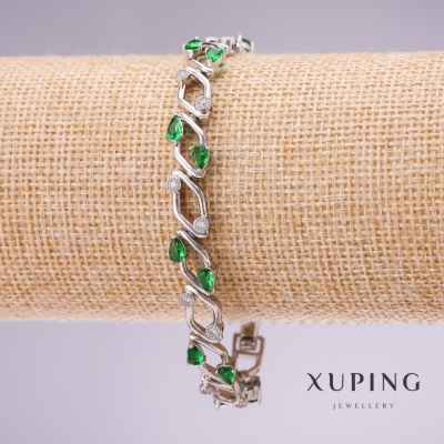 Браслет Xuping з зеленими каменями, товщина 9мм, довжина 17-19см родій з подовжувальним ланкою