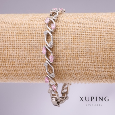 Браслет Xuping з рожевими каменями, товщина 9мм, довжина 17-19см родій з подовжувальним ланкою