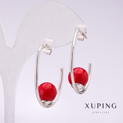 Сережки Xuping скоба з червоною намистиною Майорка 33х10мм родій
