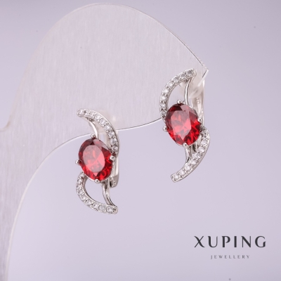 Сережки Xuping з червоними каменями 21х8мм родій