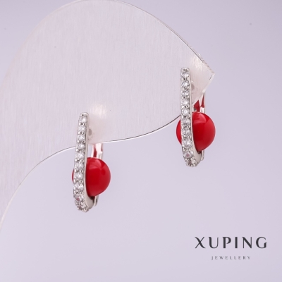 Сережки Xuping з червоними перлами Майорка 6х17мм родій