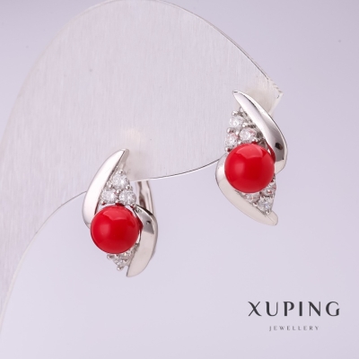 Сережки Xuping з червоними перлами Майорка 10х17мм родій