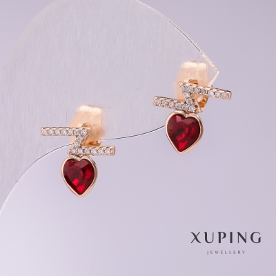 Сережки Xuping пусети кульчики з червоними каменеми Серця 12х11мм позолота