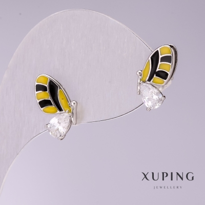 Сережки Xuping Метелики жовта і чорна емаль, з білими каменями 14х8мм родій