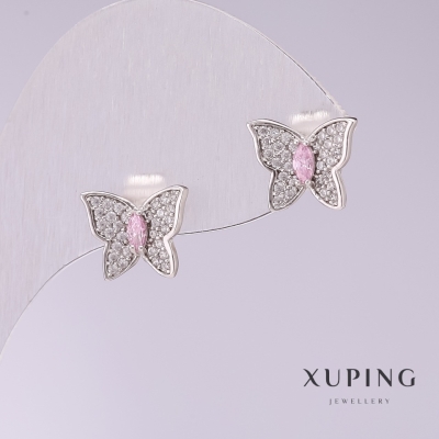 Сережки Xuping Метелики з рожевими каменями 9х11мм родій