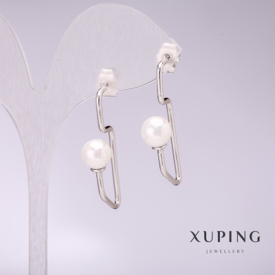 Сережки Xuping з білим перлами Майорка 34х8мм родій
