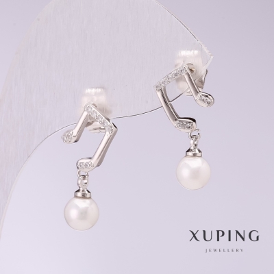 Сережки Xuping Ноти з білим перлами Майорка 20х6мм родій