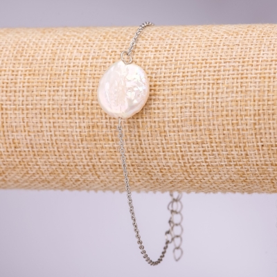 Браслет з бароковими перлами "монетка" на ланцюжку, діаметр 16+-мм, довжина 18-23см
