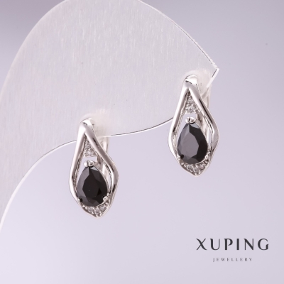 Сережки Xuping з чорними каменями 16х8мм родій
